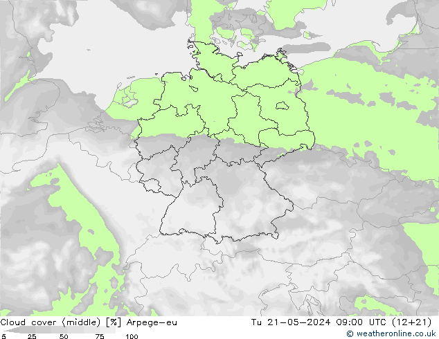 Cloud cover (middle) Arpege-eu Tu 21.05.2024 09 UTC
