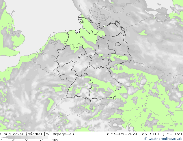 Cloud cover (middle) Arpege-eu Fr 24.05.2024 18 UTC