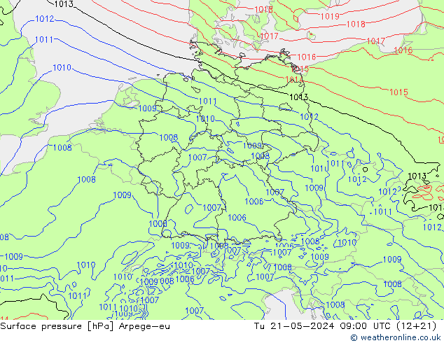 地面气压 Arpege-eu 星期二 21.05.2024 09 UTC