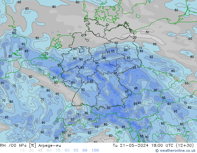 RH 700 hPa Arpege-eu Út 21.05.2024 18 UTC