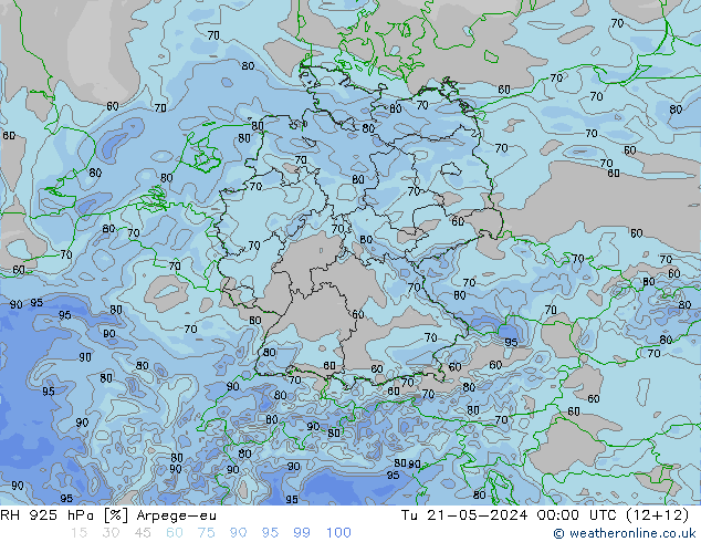 RH 925 hPa Arpege-eu 星期二 21.05.2024 00 UTC