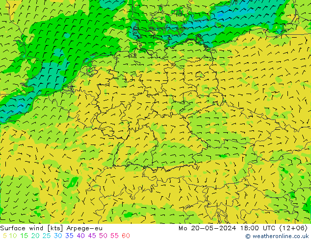 Surface wind Arpege-eu Mo 20.05.2024 18 UTC