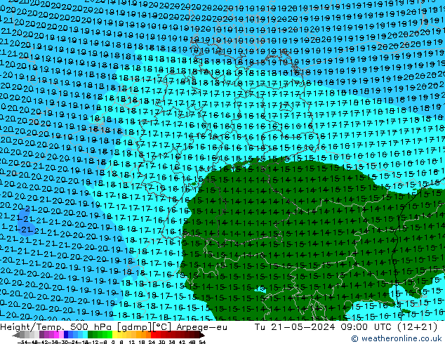 Height/Temp. 500 hPa Arpege-eu 星期二 21.05.2024 09 UTC