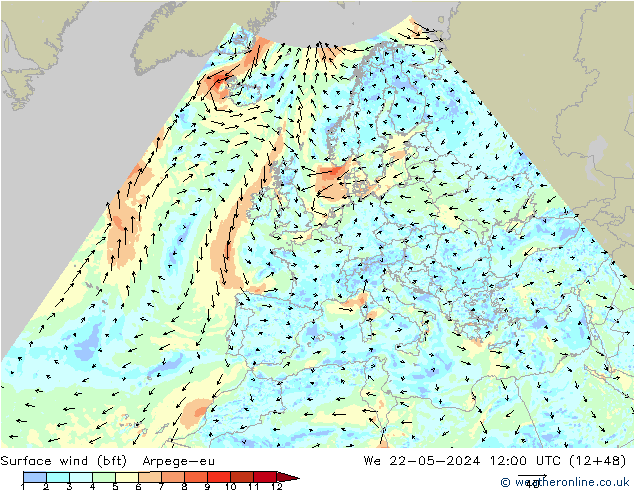 Surface wind (bft) Arpege-eu We 22.05.2024 12 UTC