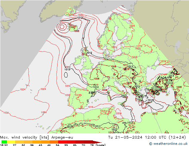 Max. wind velocity Arpege-eu Tu 21.05.2024 12 UTC