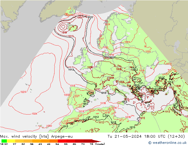 Max. wind velocity Arpege-eu Ter 21.05.2024 18 UTC