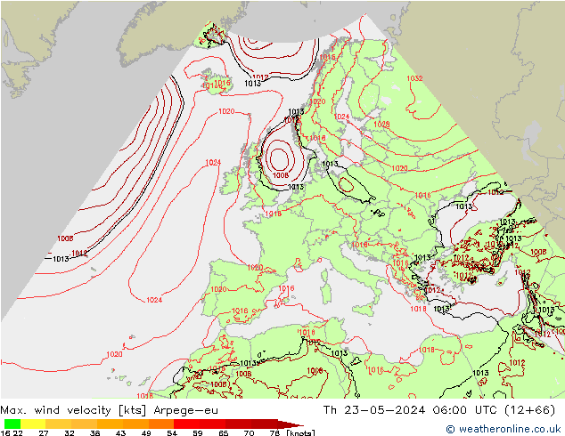 Max. wind velocity Arpege-eu чт 23.05.2024 06 UTC