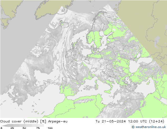 Cloud cover (middle) Arpege-eu Tu 21.05.2024 12 UTC