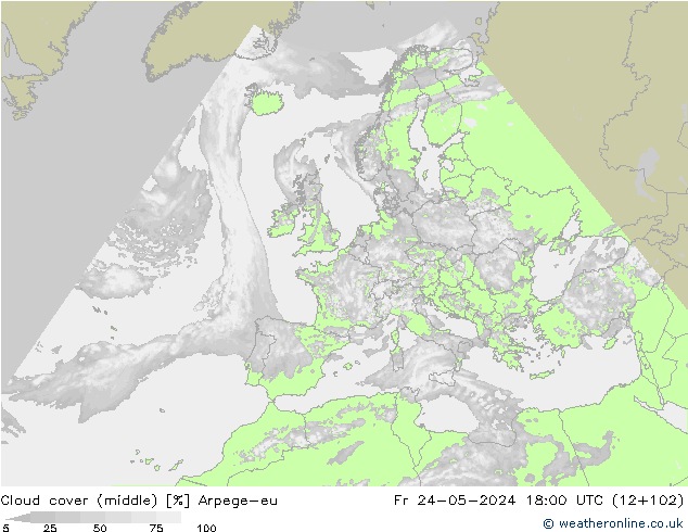 Cloud cover (middle) Arpege-eu Fr 24.05.2024 18 UTC