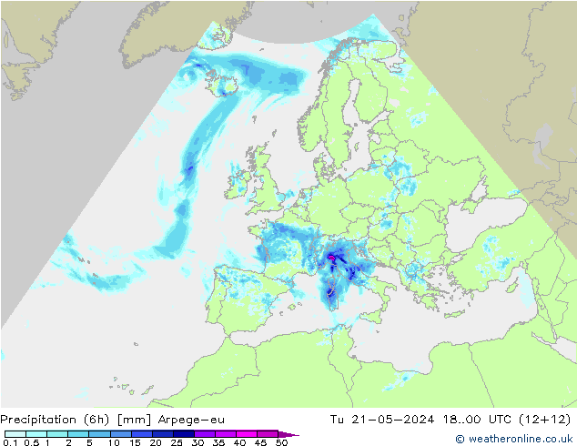Precipitation (6h) Arpege-eu Tu 21.05.2024 00 UTC