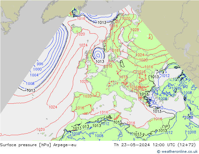 Atmosférický tlak Arpege-eu Čt 23.05.2024 12 UTC