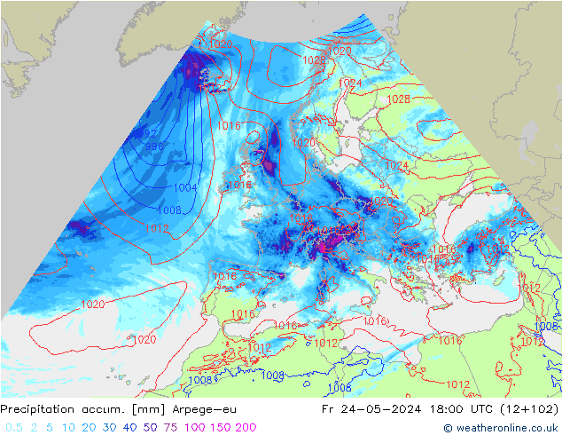 Totale neerslag Arpege-eu vr 24.05.2024 18 UTC