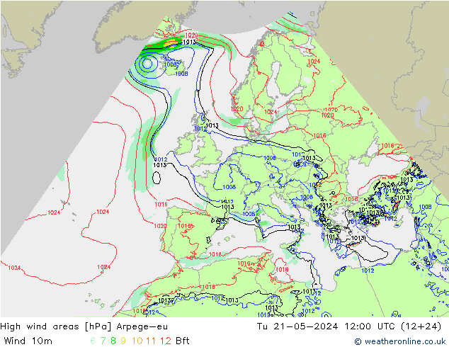 High wind areas Arpege-eu Tu 21.05.2024 12 UTC