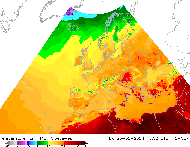 Temperaturkarte (2m) Arpege-eu Mo 20.05.2024 15 UTC