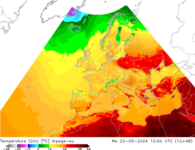 Sıcaklık Haritası (2m) Arpege-eu Çar 22.05.2024 12 UTC