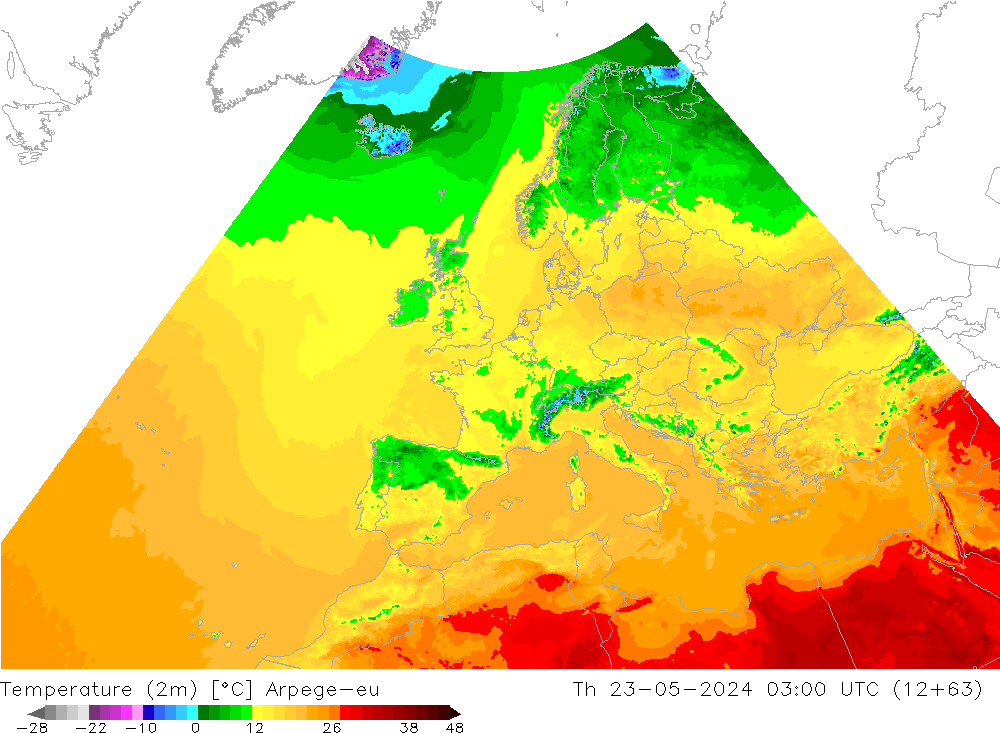 Temperature (2m) Arpege-eu Th 23.05.2024 03 UTC