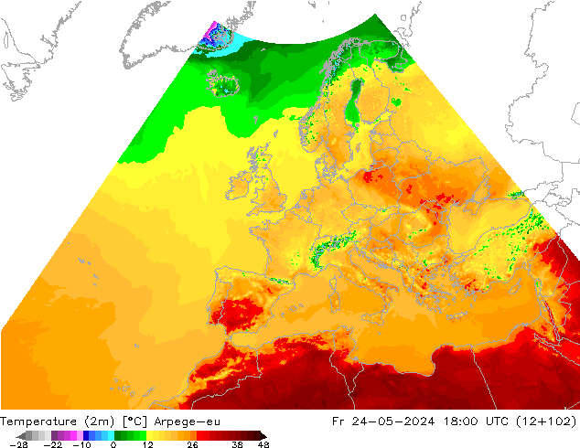 Temperatura (2m) Arpege-eu Sex 24.05.2024 18 UTC