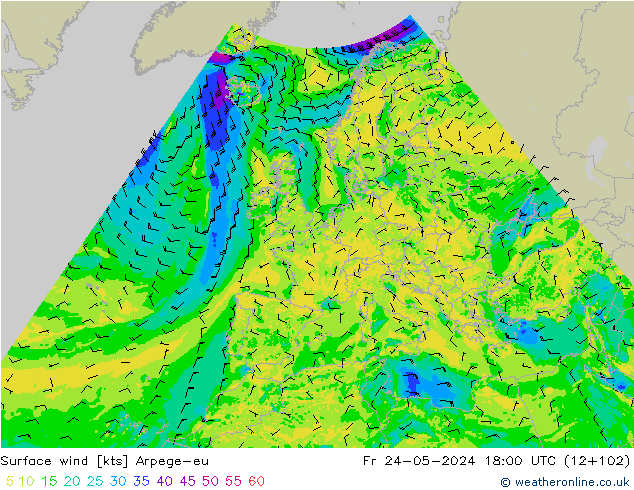 Wind 10 m Arpege-eu vr 24.05.2024 18 UTC
