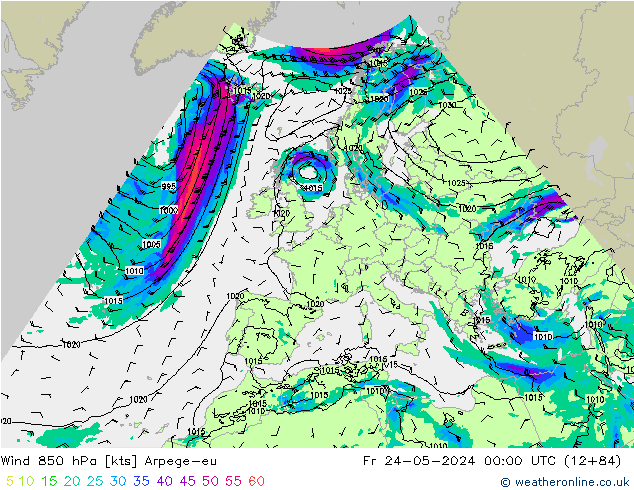 Wind 850 hPa Arpege-eu Fr 24.05.2024 00 UTC