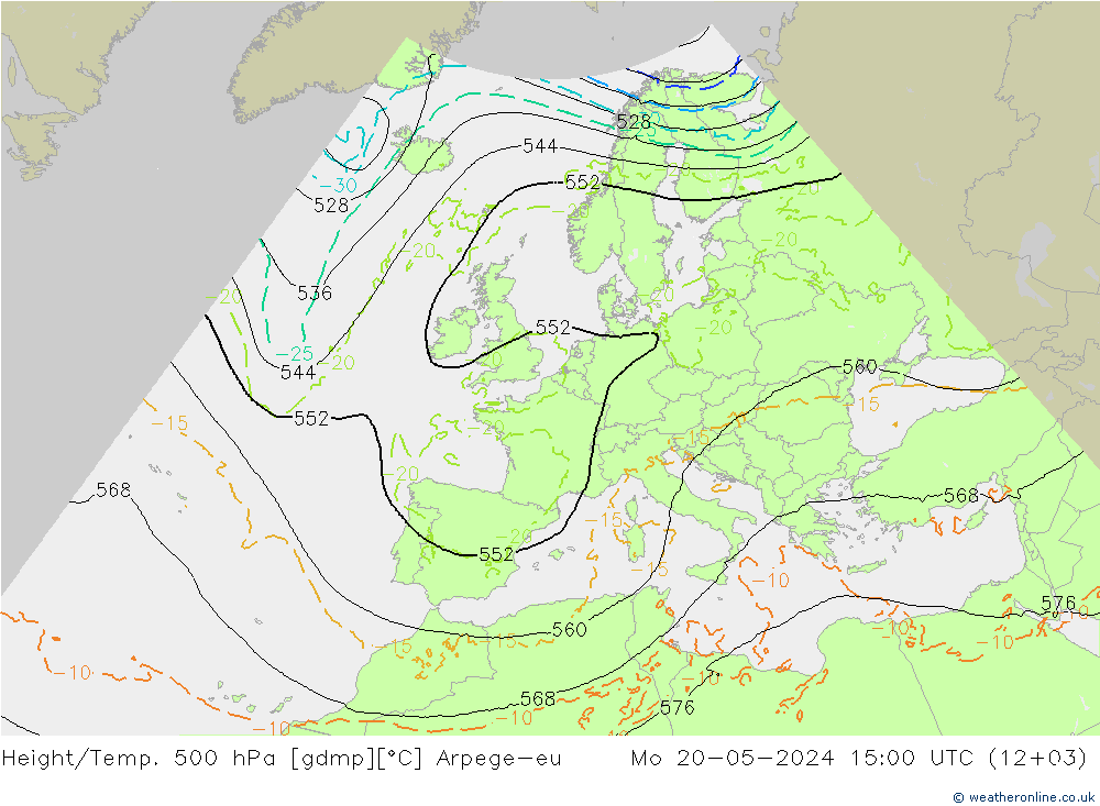 Height/Temp. 500 hPa Arpege-eu Mo 20.05.2024 15 UTC