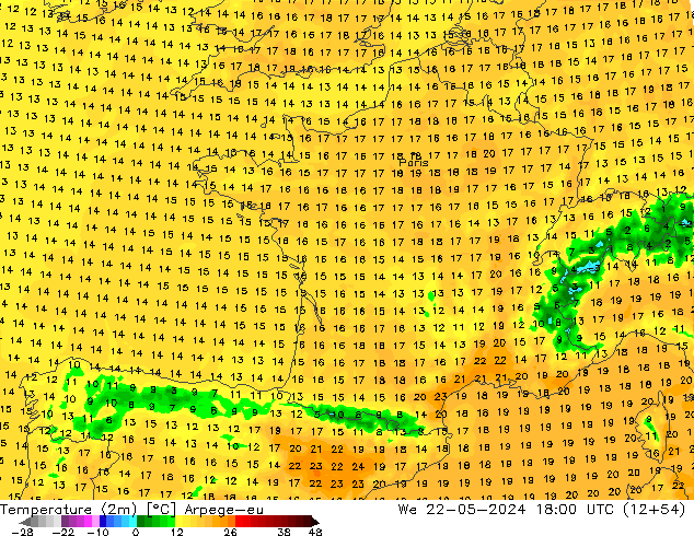Temperatuurkaart (2m) Arpege-eu wo 22.05.2024 18 UTC