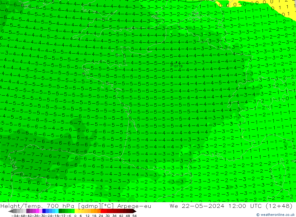 Hoogte/Temp. 700 hPa Arpege-eu wo 22.05.2024 12 UTC