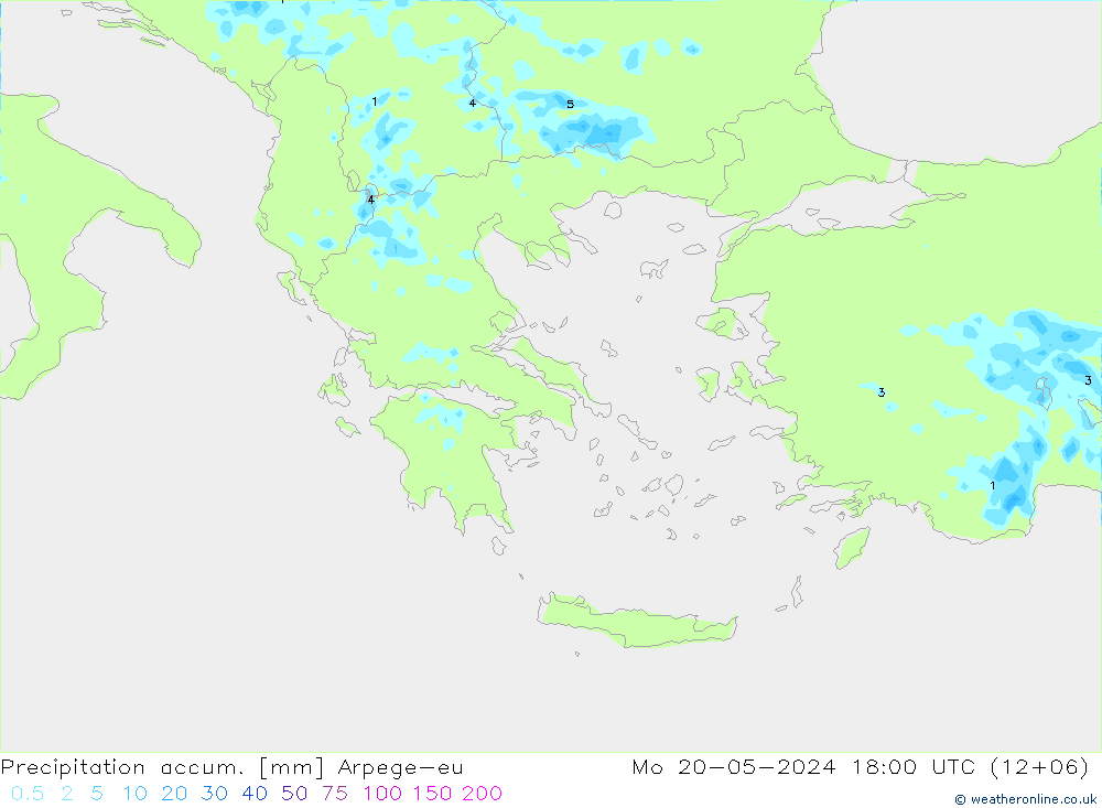 Precipitation accum. Arpege-eu Mo 20.05.2024 18 UTC