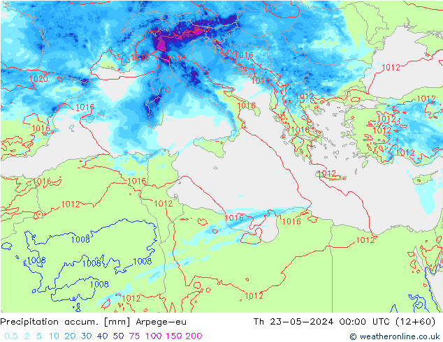 Precipitation accum. Arpege-eu Th 23.05.2024 00 UTC