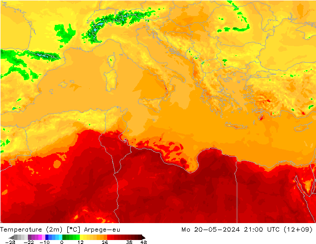 Temperaturkarte (2m) Arpege-eu Mo 20.05.2024 21 UTC