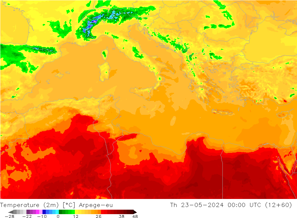 Temperatura (2m) Arpege-eu gio 23.05.2024 00 UTC