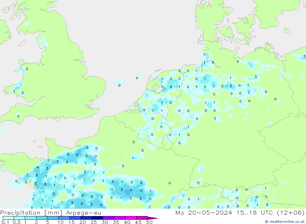Precipitazione Arpege-eu lun 20.05.2024 18 UTC