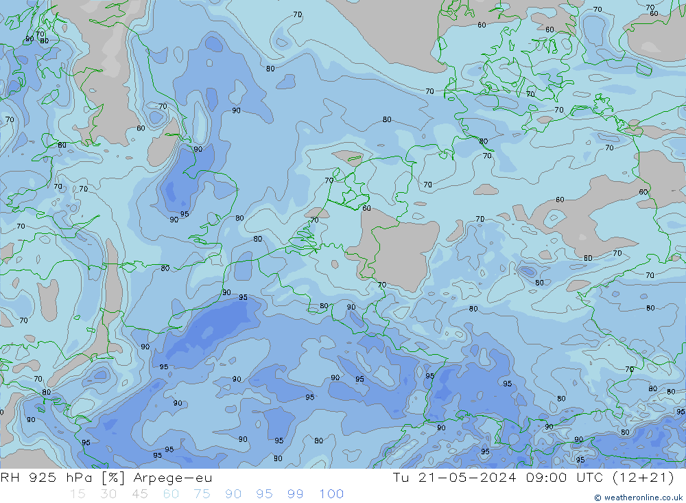 RH 925 hPa Arpege-eu Ter 21.05.2024 09 UTC