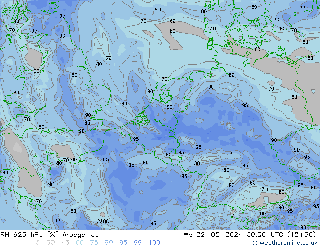 Humidité rel. 925 hPa Arpege-eu mer 22.05.2024 00 UTC