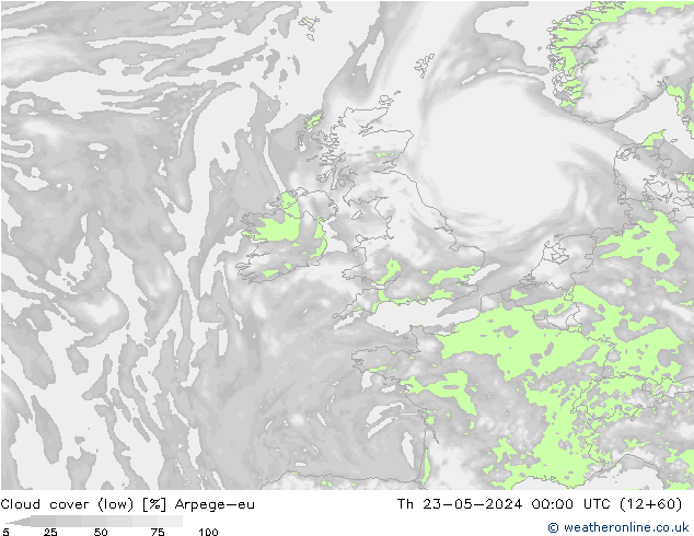 Cloud cover (low) Arpege-eu Th 23.05.2024 00 UTC