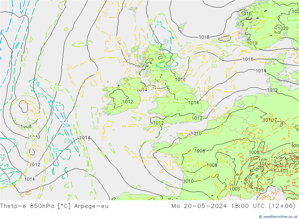 Theta-e 850hPa Arpege-eu pon. 20.05.2024 18 UTC