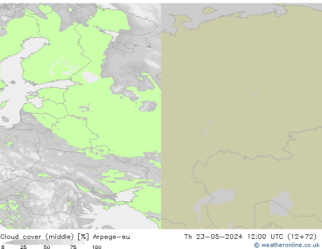 Cloud cover (middle) Arpege-eu Th 23.05.2024 12 UTC