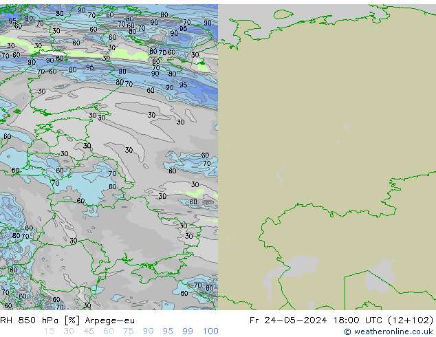 RH 850 hPa Arpege-eu Sex 24.05.2024 18 UTC