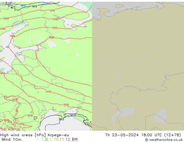 High wind areas Arpege-eu Th 23.05.2024 18 UTC