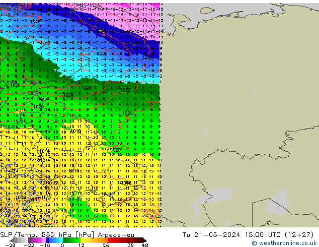 SLP/Temp. 850 hPa Arpege-eu Út 21.05.2024 15 UTC