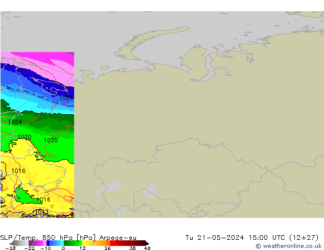 SLP/Temp. 850 hPa Arpege-eu Ter 21.05.2024 15 UTC