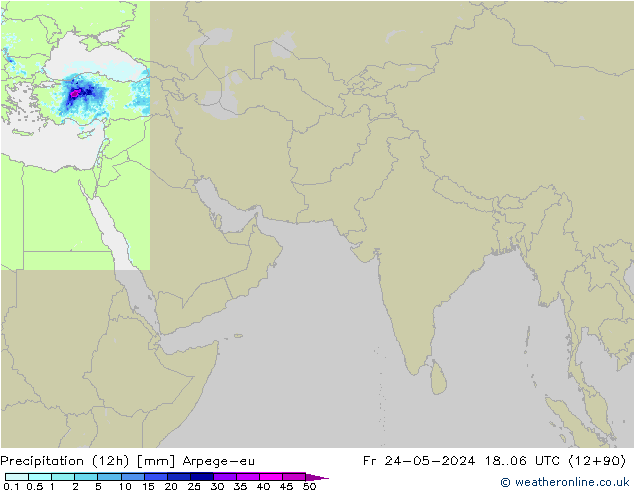 Totale neerslag (12h) Arpege-eu vr 24.05.2024 06 UTC