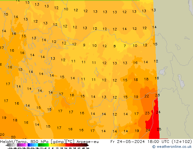 Height/Temp. 850 hPa Arpege-eu Sex 24.05.2024 18 UTC