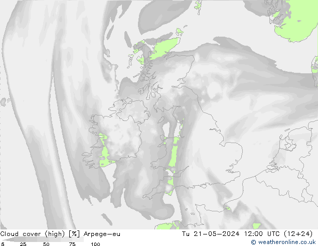 Cloud cover (high) Arpege-eu Tu 21.05.2024 12 UTC