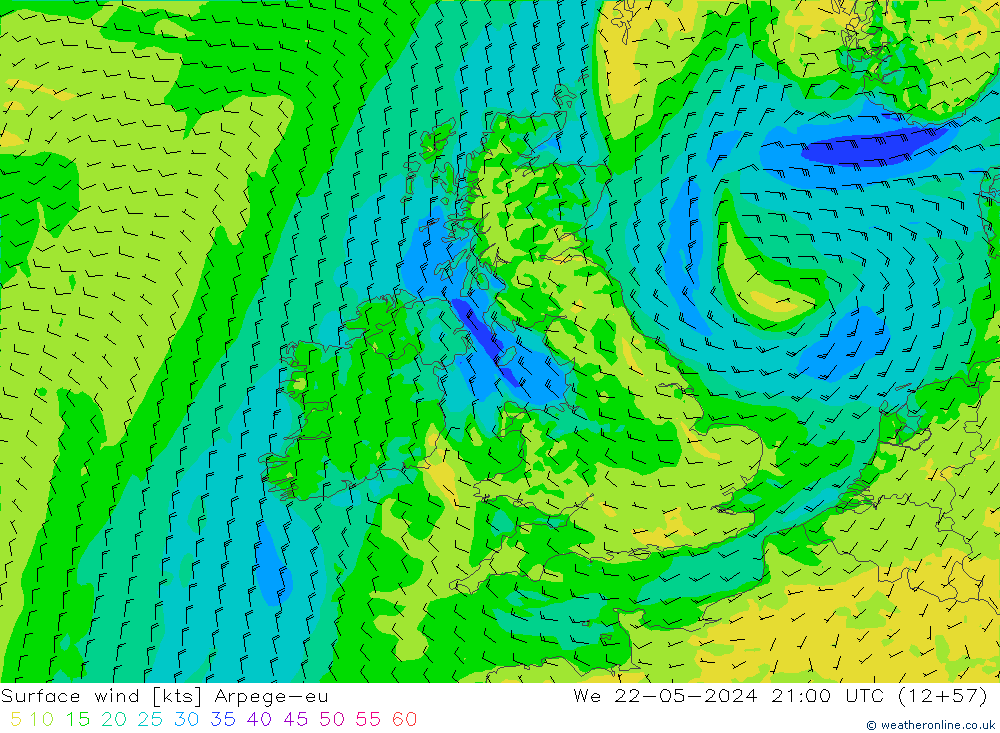 Wind 10 m Arpege-eu wo 22.05.2024 21 UTC
