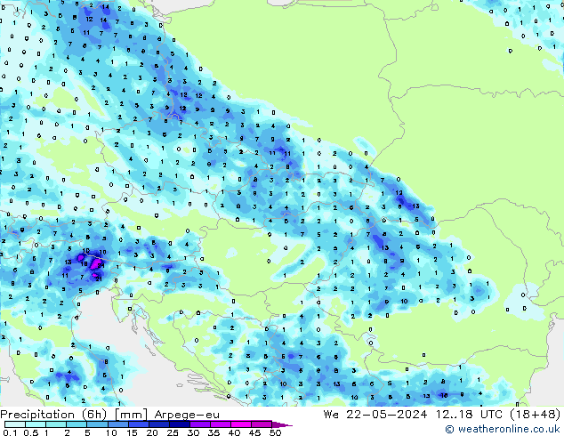 Totale neerslag (6h) Arpege-eu wo 22.05.2024 18 UTC