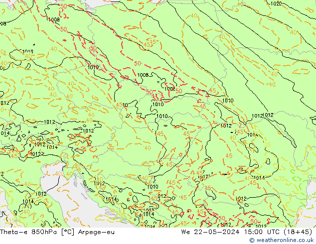 Theta-e 850hPa Arpege-eu wo 22.05.2024 15 UTC