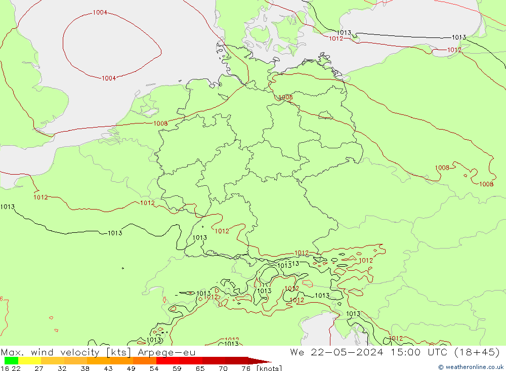 Max. wind snelheid Arpege-eu wo 22.05.2024 15 UTC
