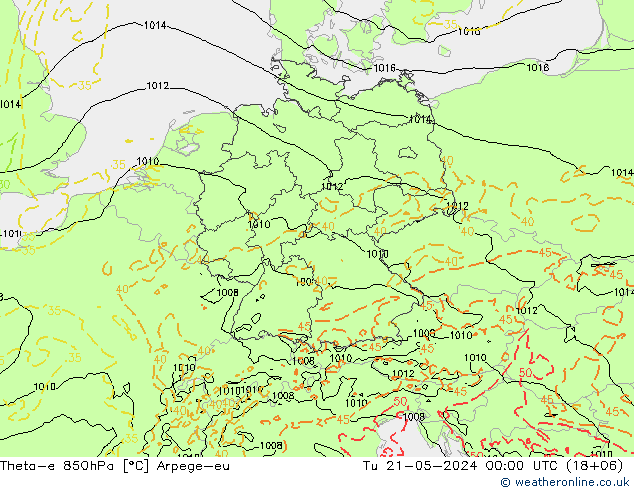Theta-e 850hPa Arpege-eu 星期二 21.05.2024 00 UTC