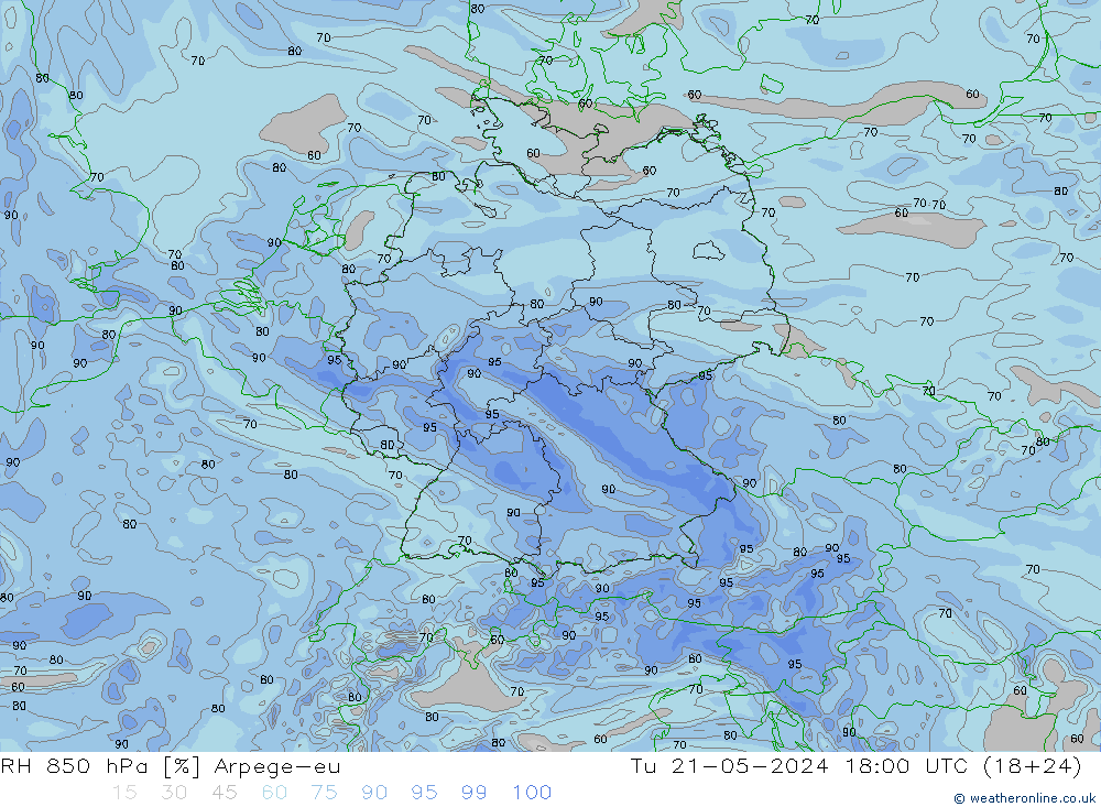 RH 850 hPa Arpege-eu 星期二 21.05.2024 18 UTC