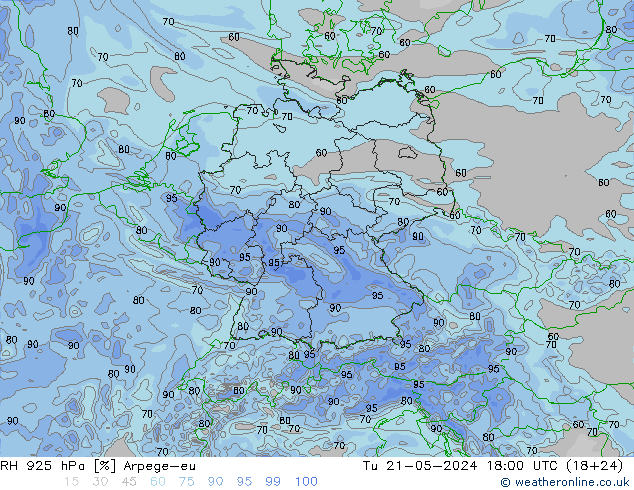 Humidité rel. 925 hPa Arpege-eu mar 21.05.2024 18 UTC